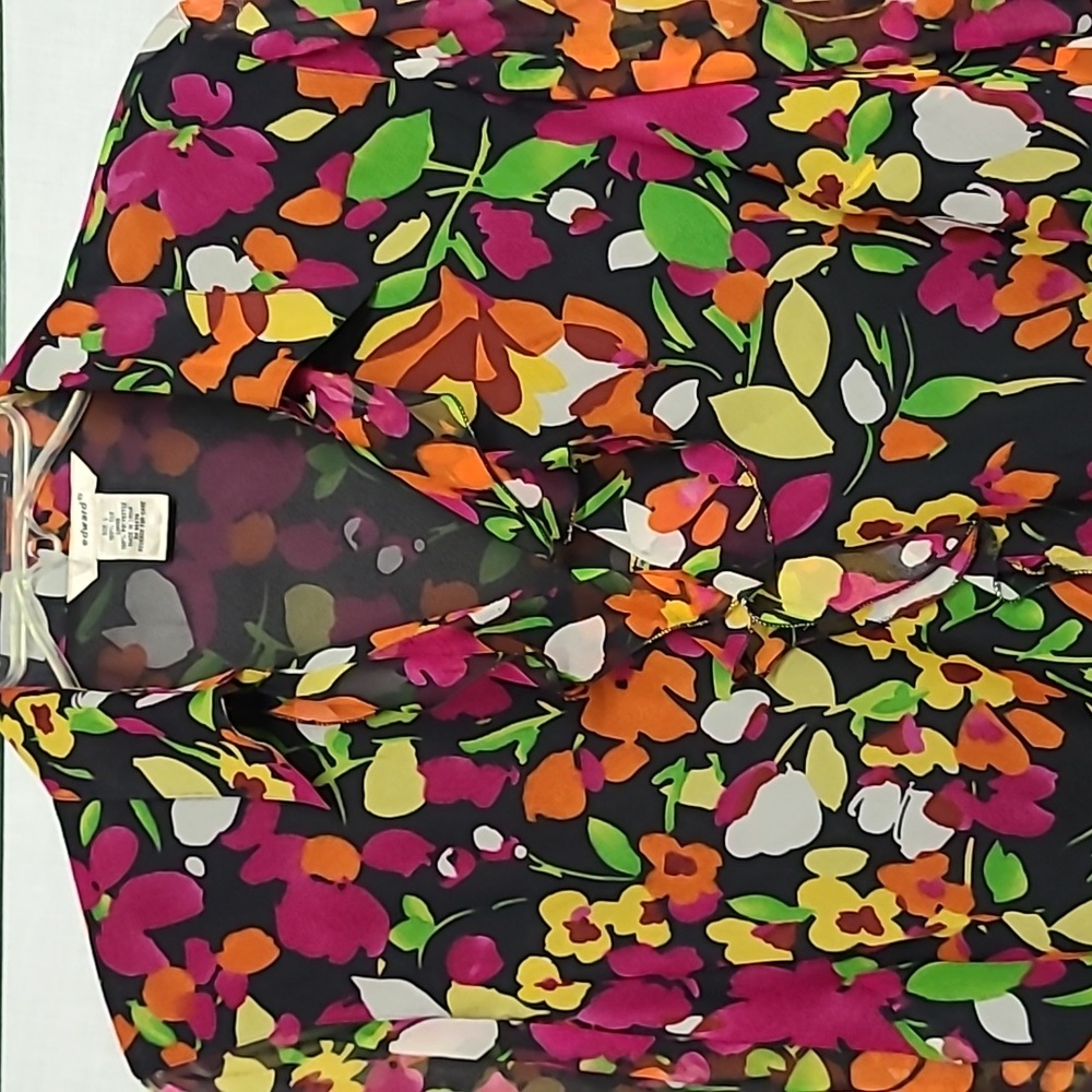 1990s 100% Silk Floral Sheer Lined Ruffled Collar 3/4 Sleeves Sz L - Picture 3 of 9